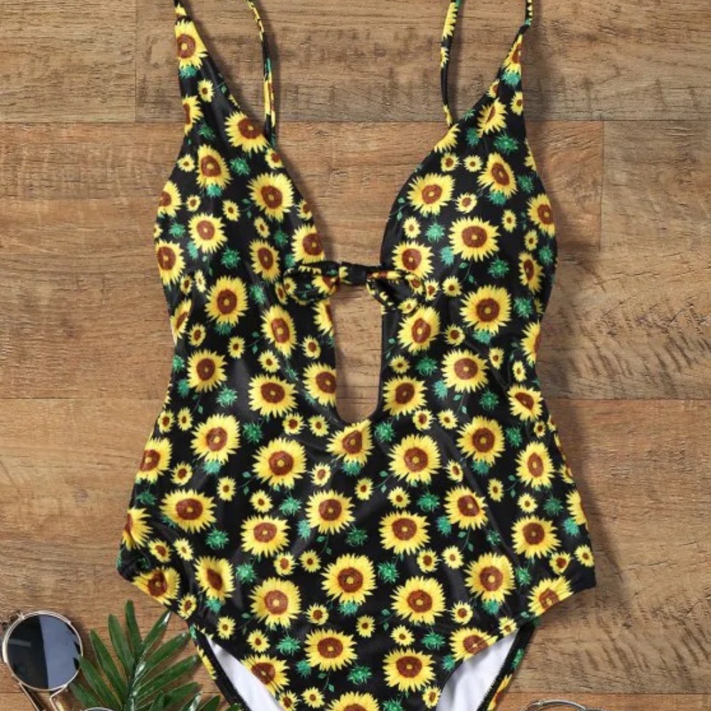 Sunflower Print Backless Plunging Swimsuit